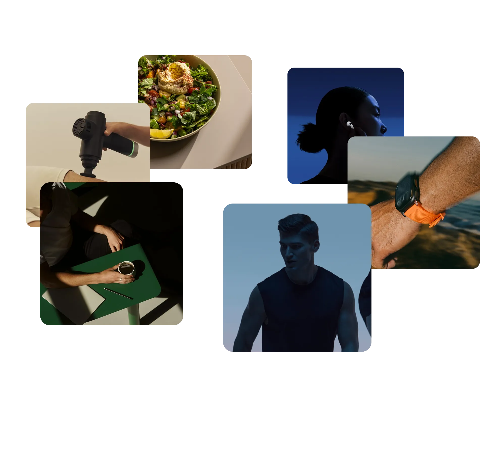 Several images of health and wellness-related activities.