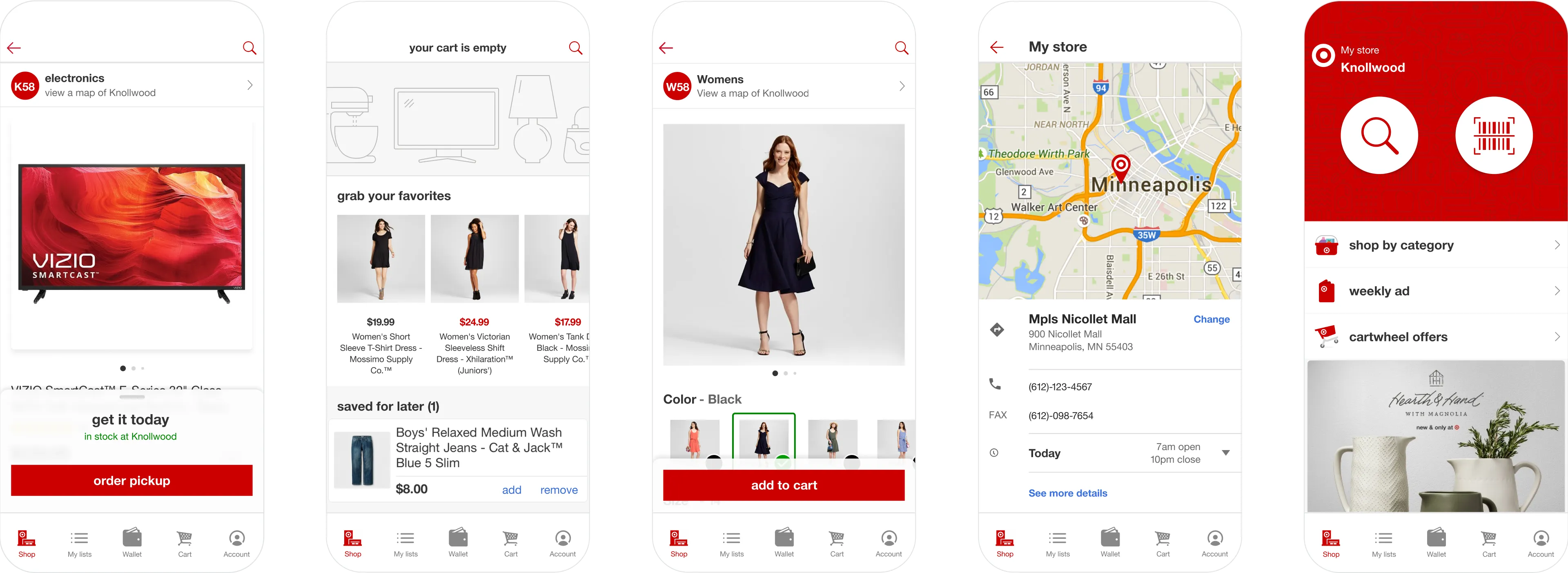 In-app views including product, cart, store locator, and search screens.