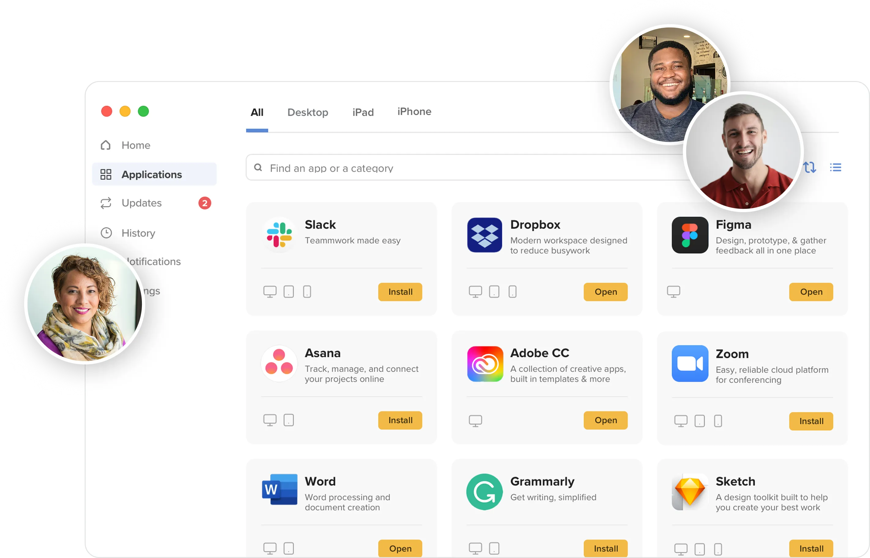 View of Jamf applications screen, featuring headshot bubbles of several personnel.