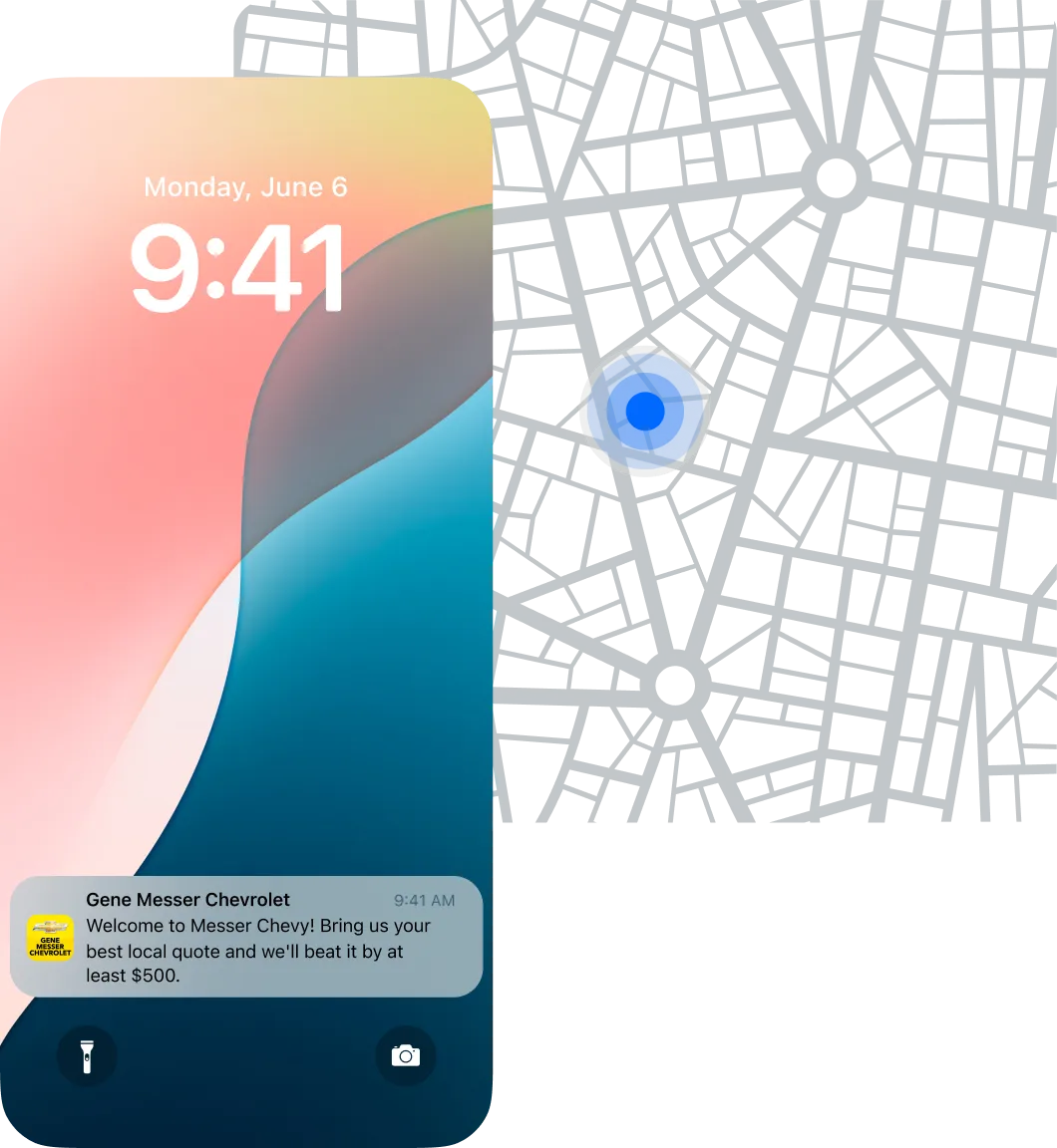 iPhone lock screen showing map location and push notification from a dealership