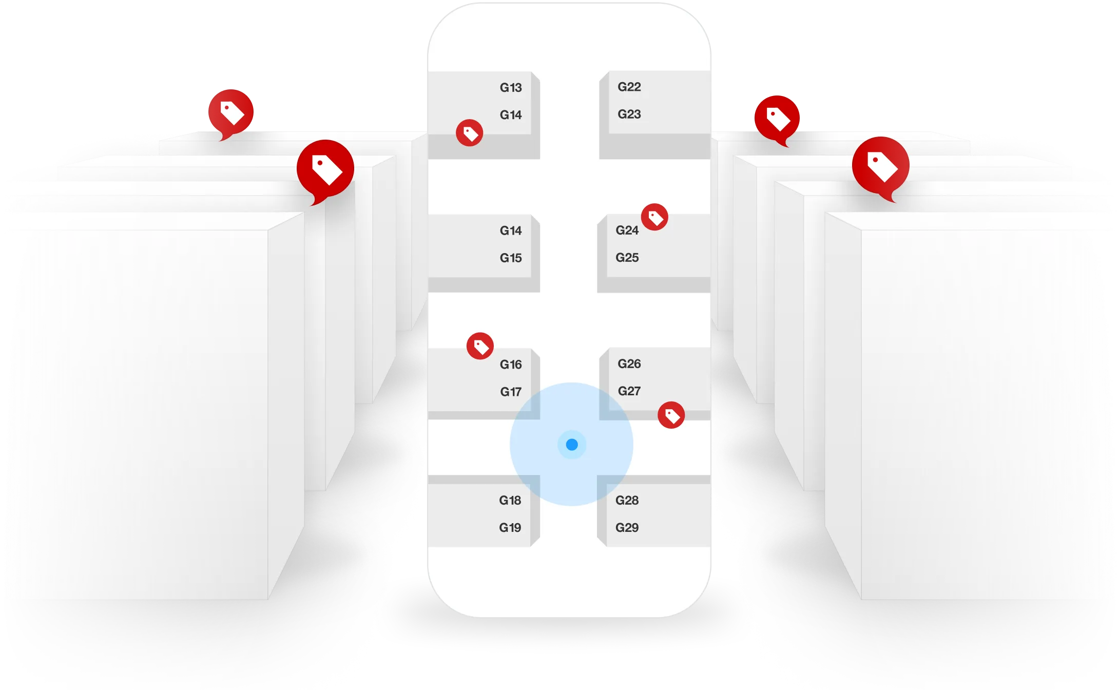 App view of the in-store product location-map feature, with a blue dot representing the shopper's current position in the store.