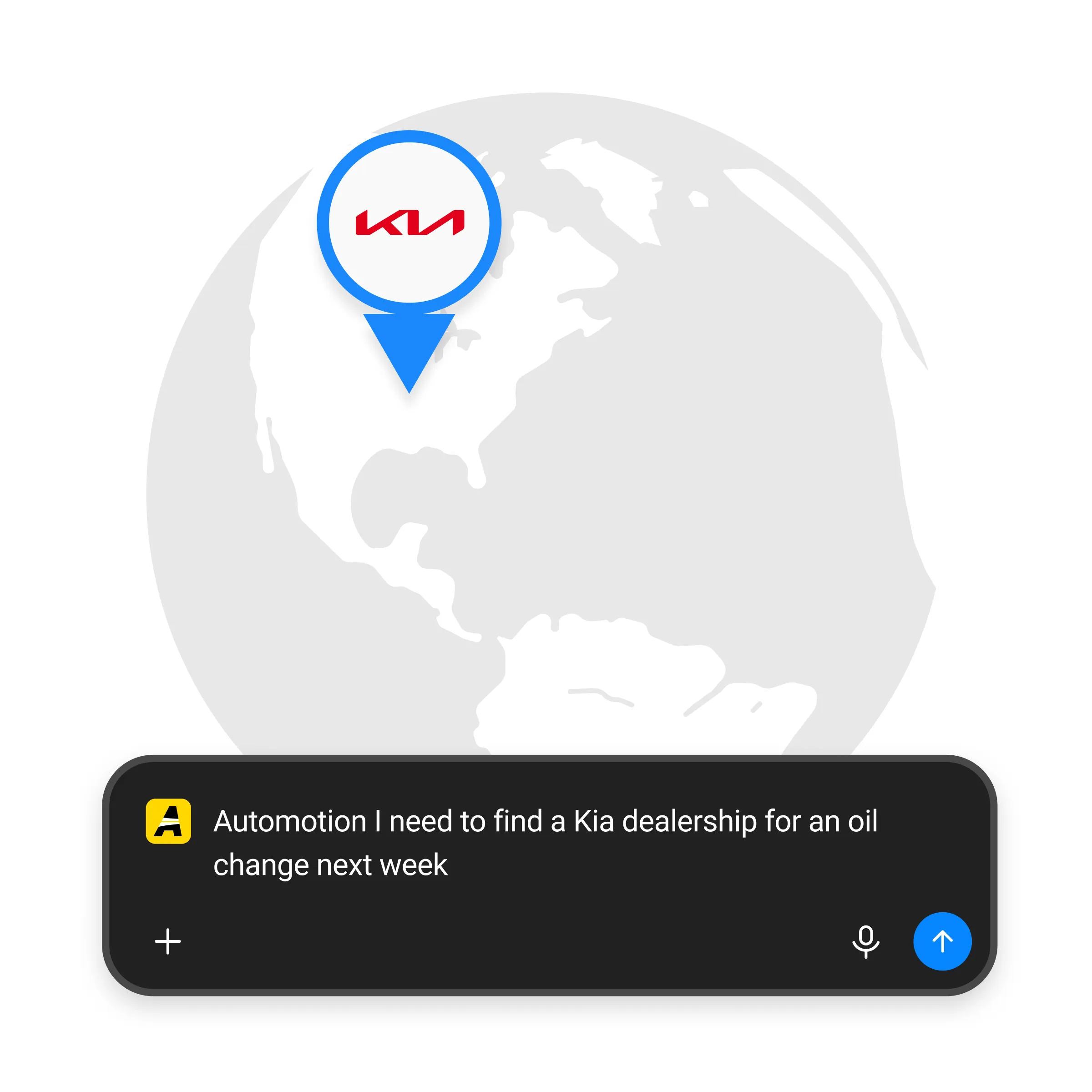 Illustration of a chat assistant locating a nearby Kia dealership on a map of North America