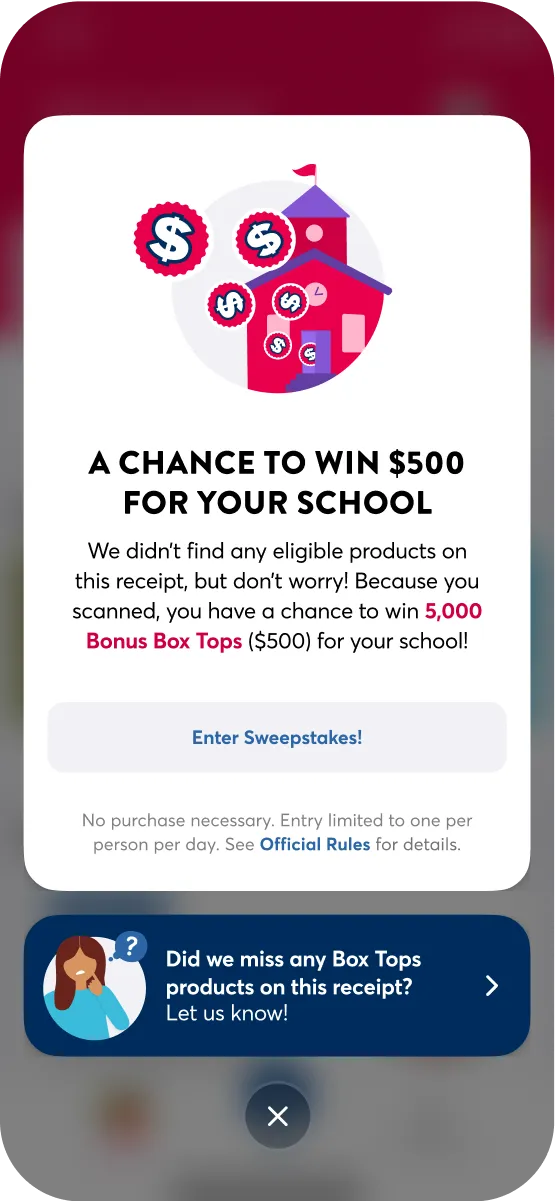 Sweepstakes screen on the Box Tops mobile app.