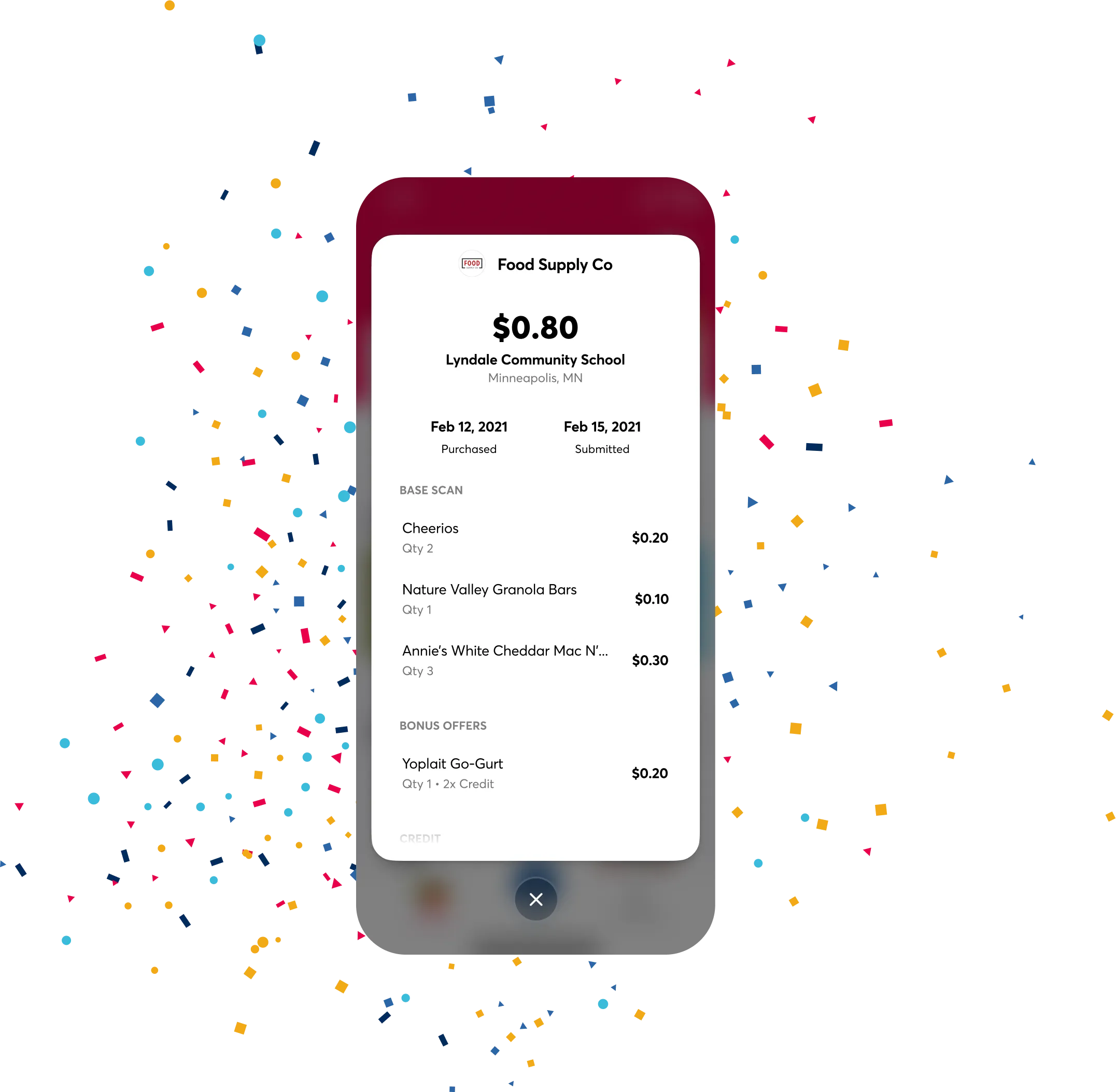 Results of scanned receipt showing Box Tops earnings and items purchased