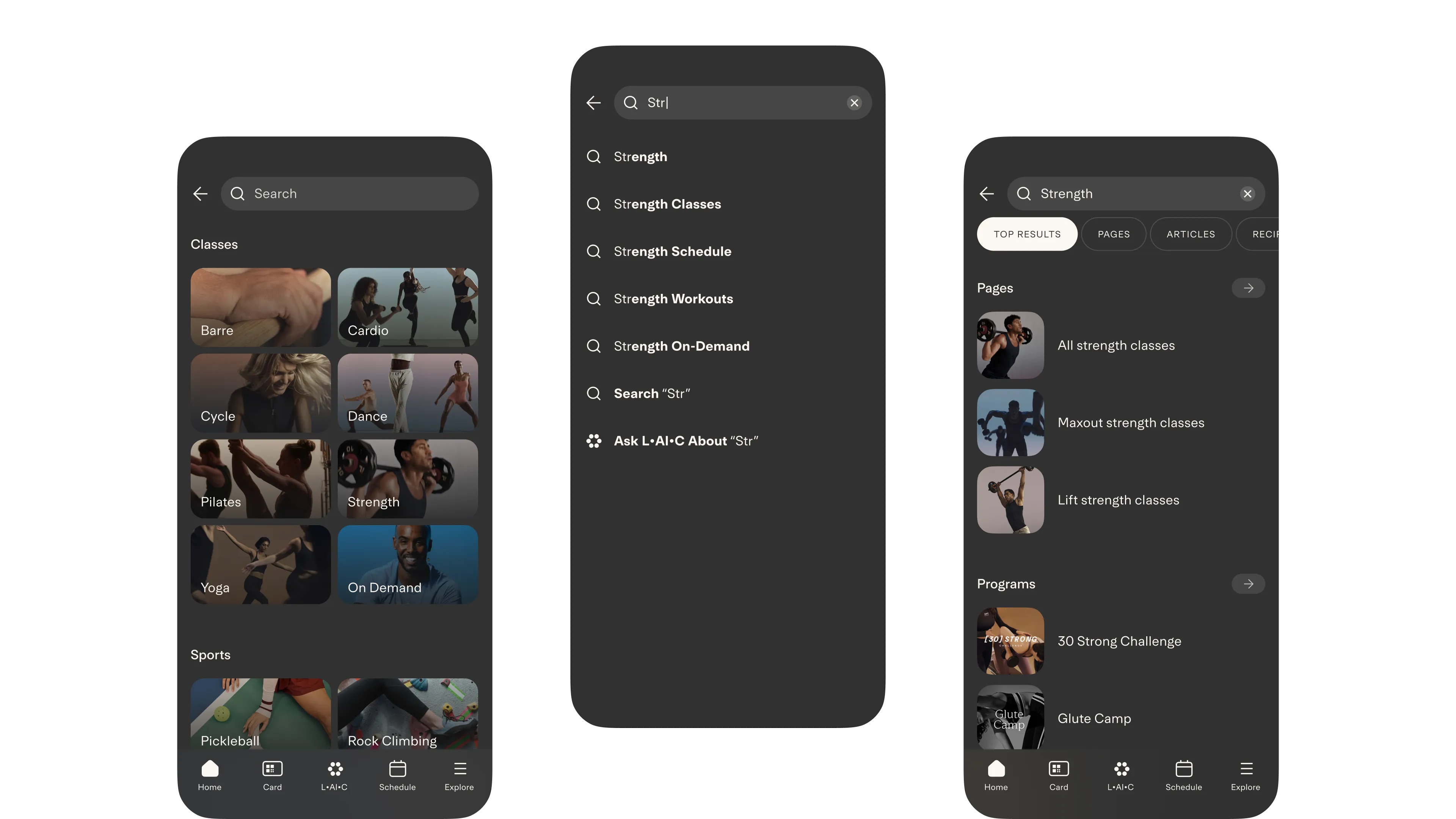 In-app view of exercise search feature.
