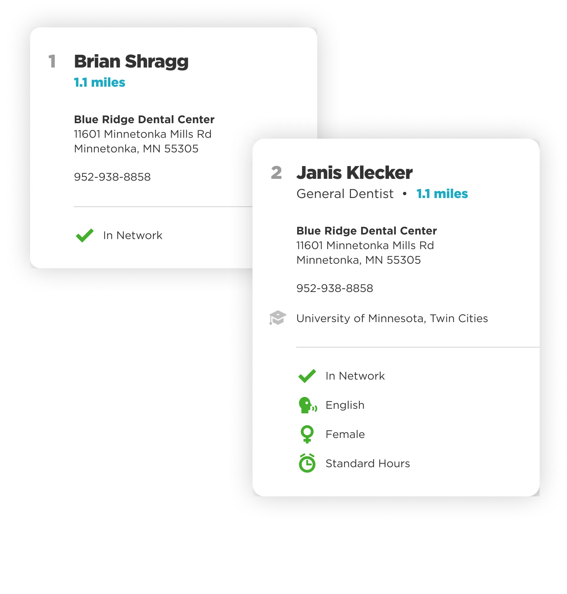 Two digital cards displaying dentist contact information.