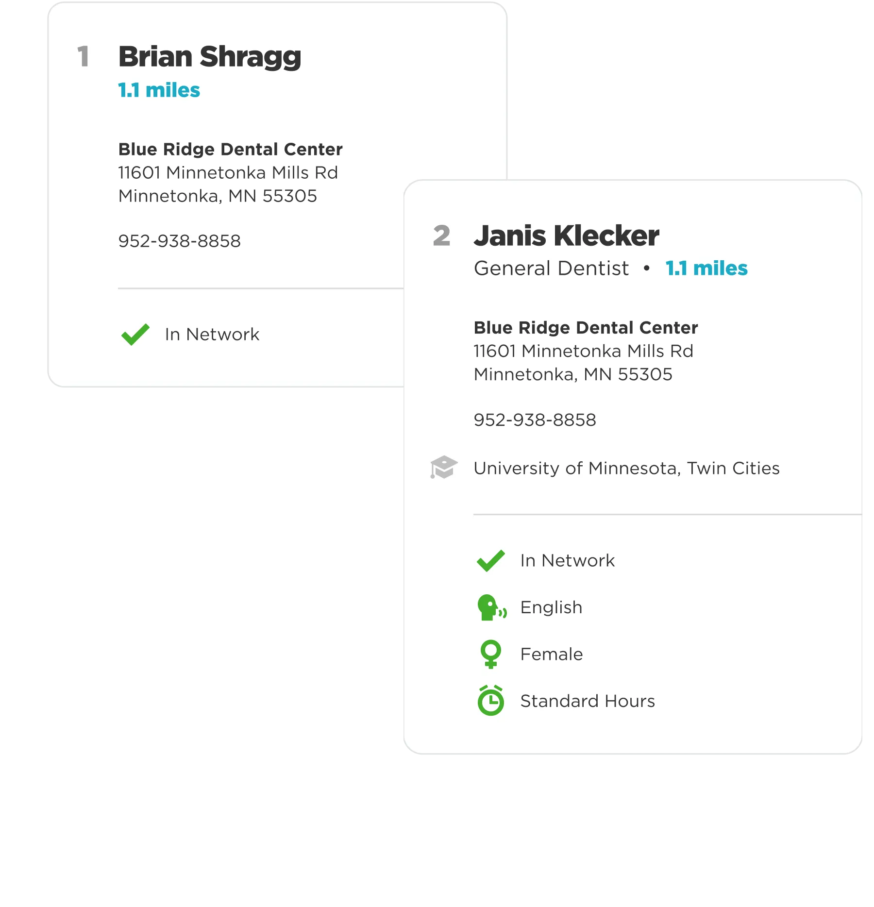 Two digital cards displaying dentist contact information.