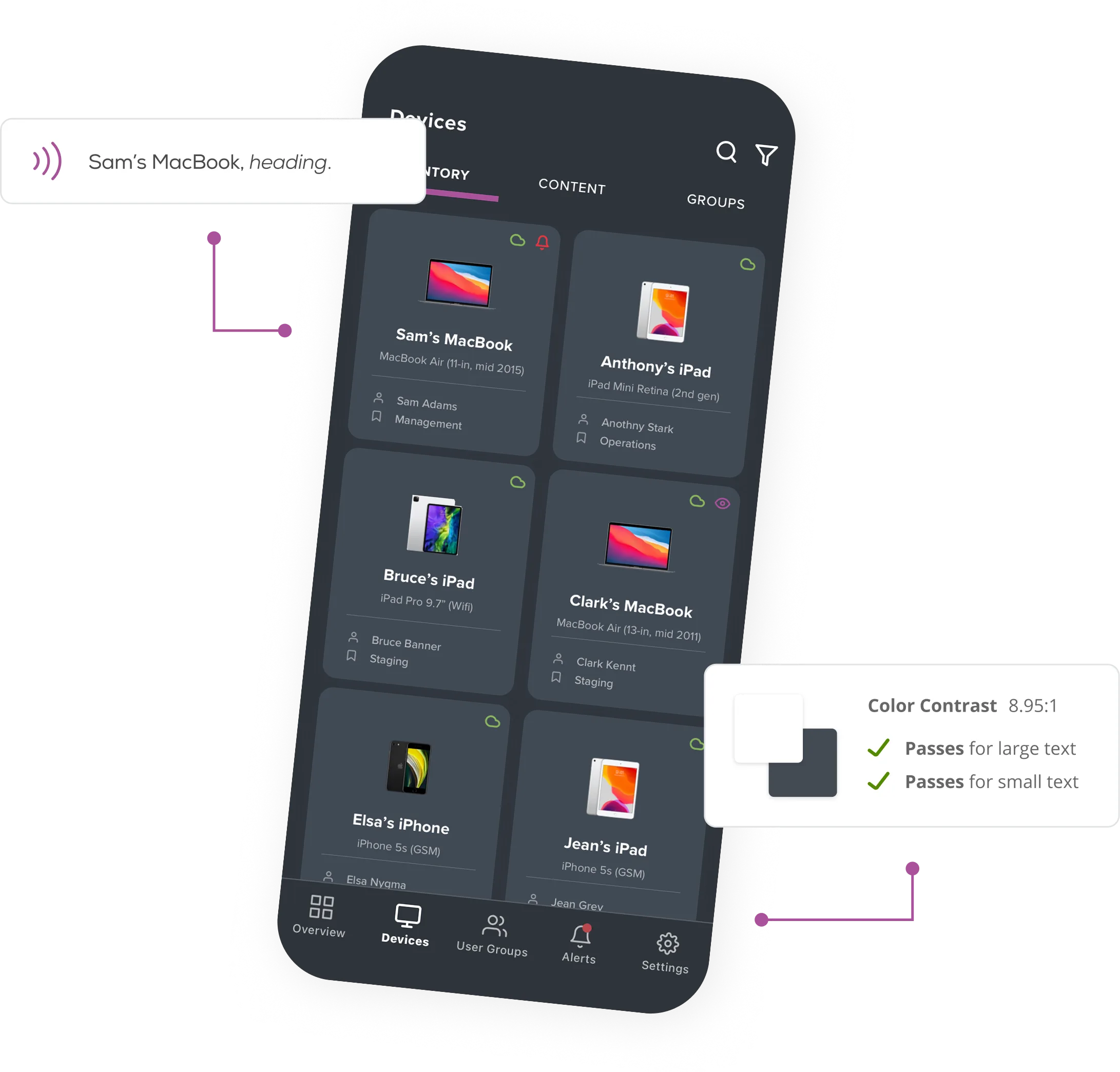 Mobile app view of Jamf device management dashboard, highlighting accessibility features.
