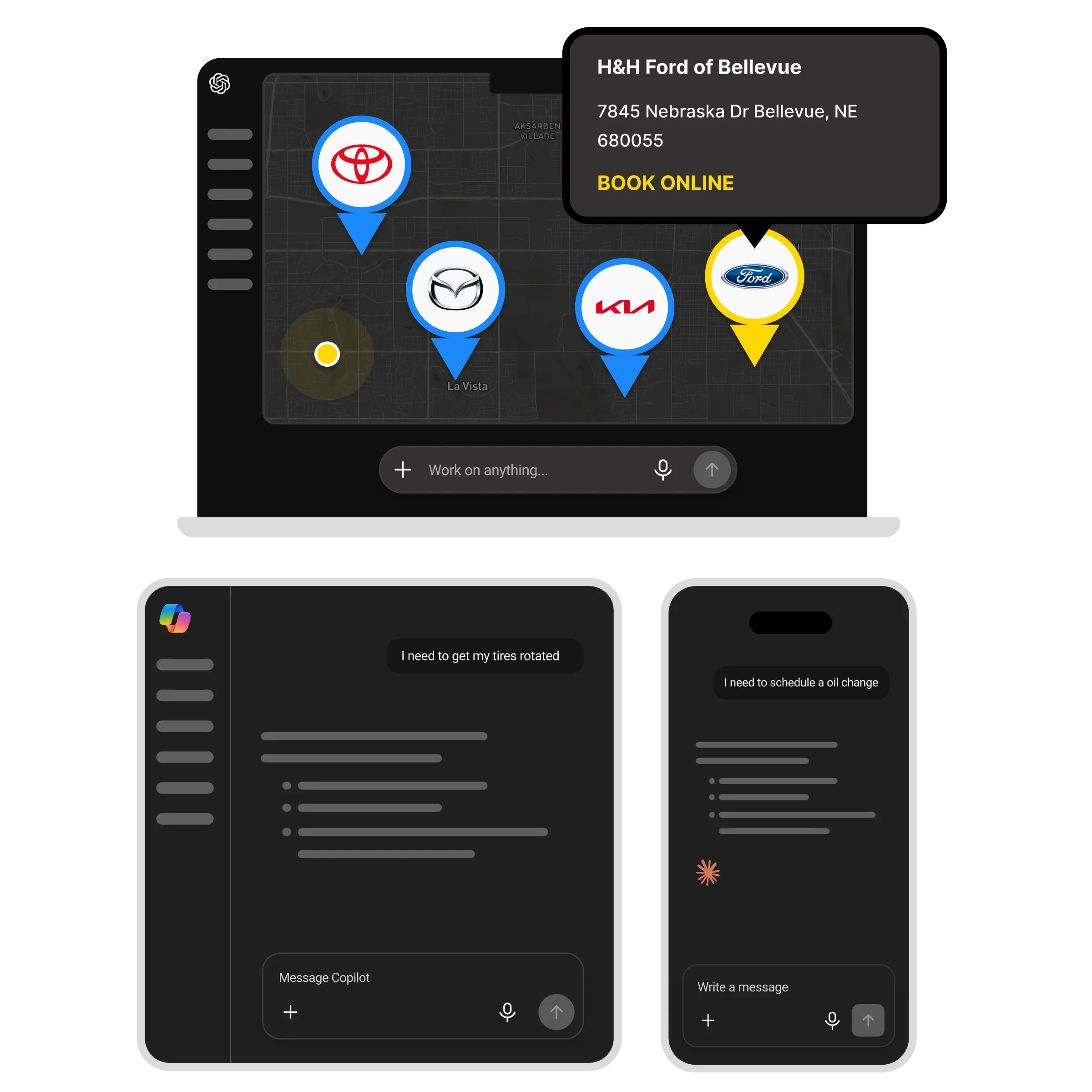 Laptop, tablet, and phone screens showing AutoMotion's AI booking experience across different devices