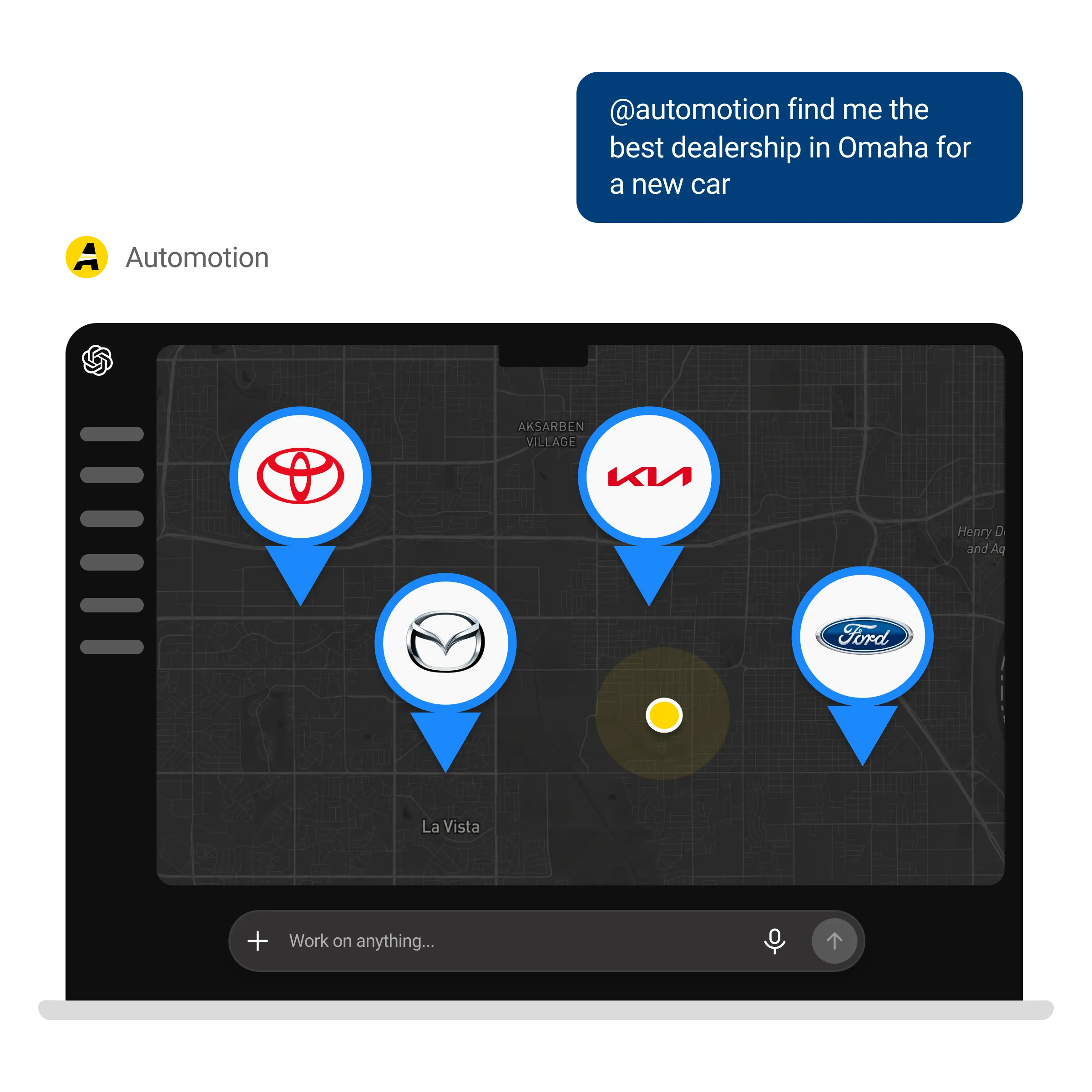 Laptop and mobile screens showing ChatGPT surfacing nearby AutoMotion dealership options on a map