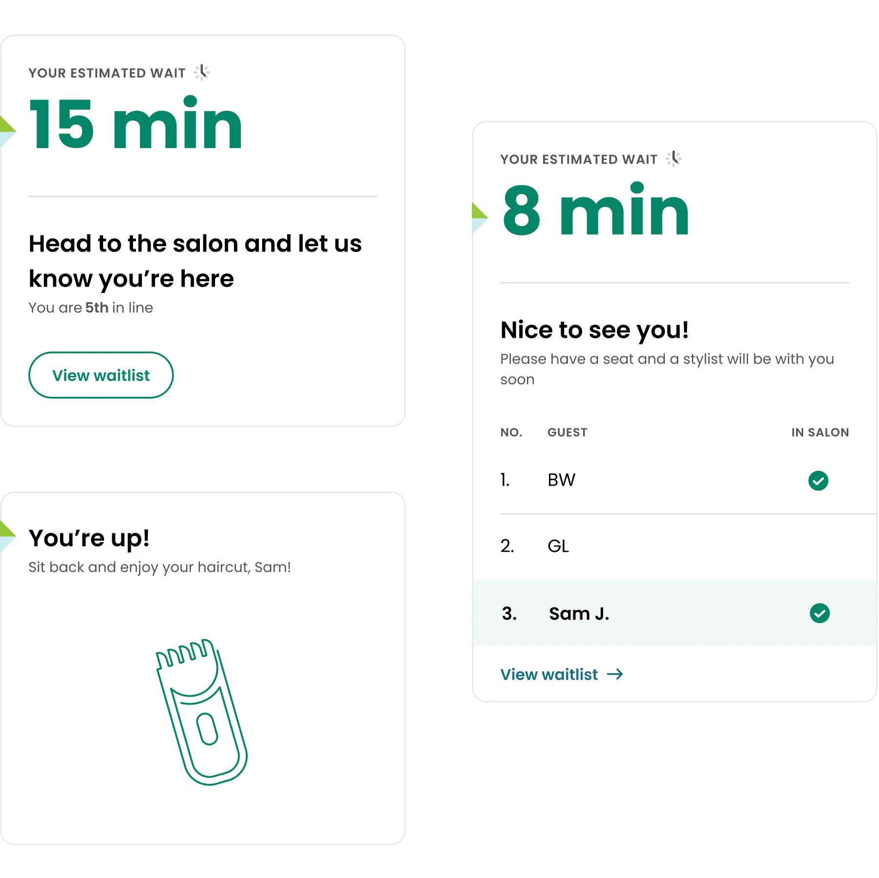 Check-in screens on the Great Clips mobile app