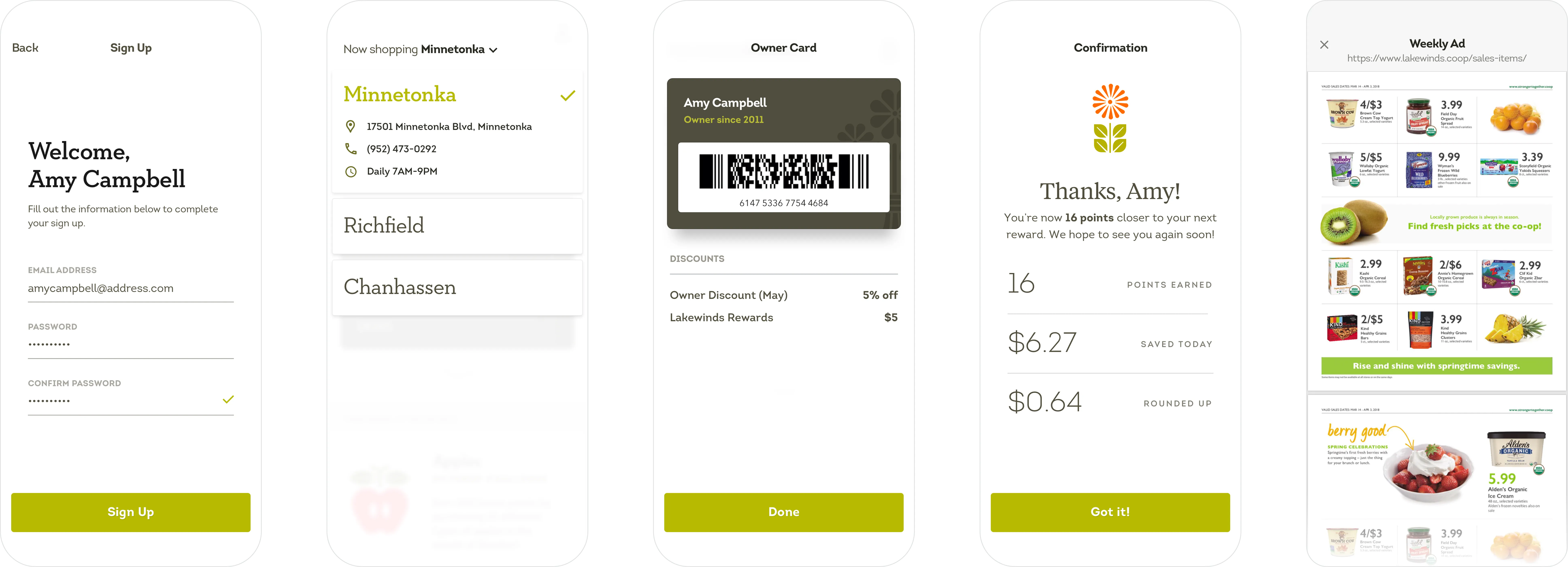 Several previews of in-app features including sign in, store selection, loyalty card, confirmation, and weekly ad.