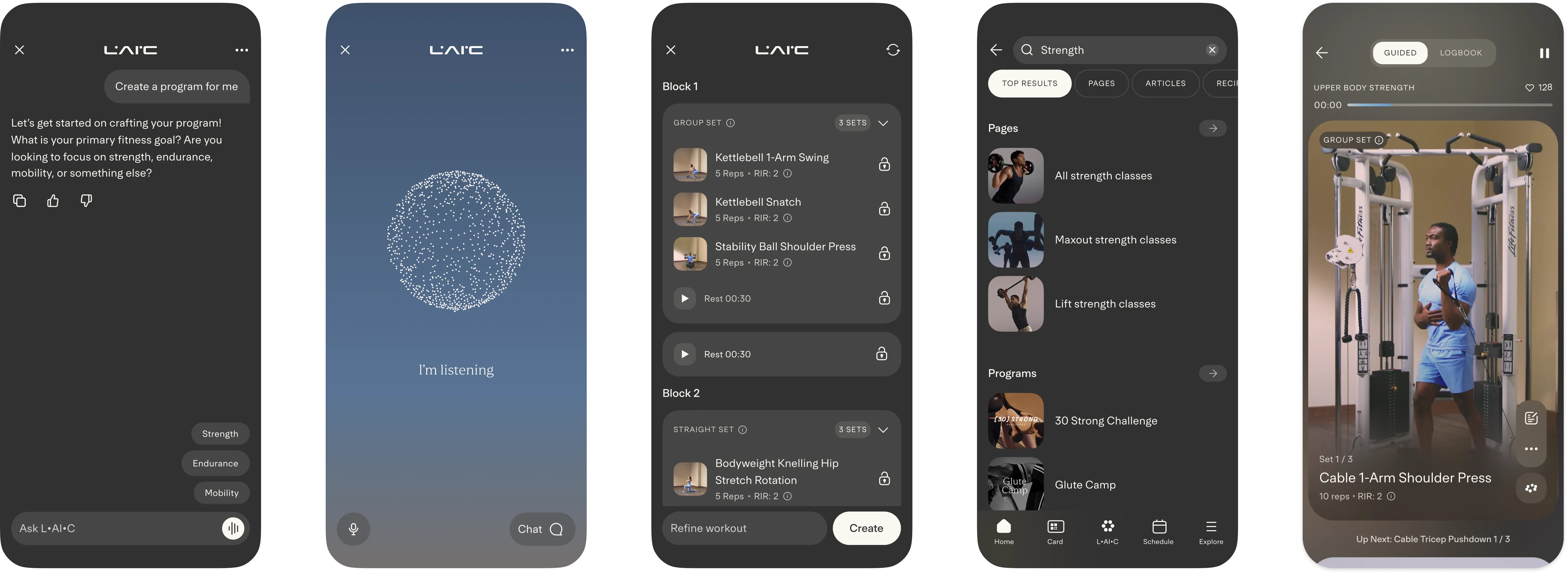 Several in-app views of L•AI•C. features.