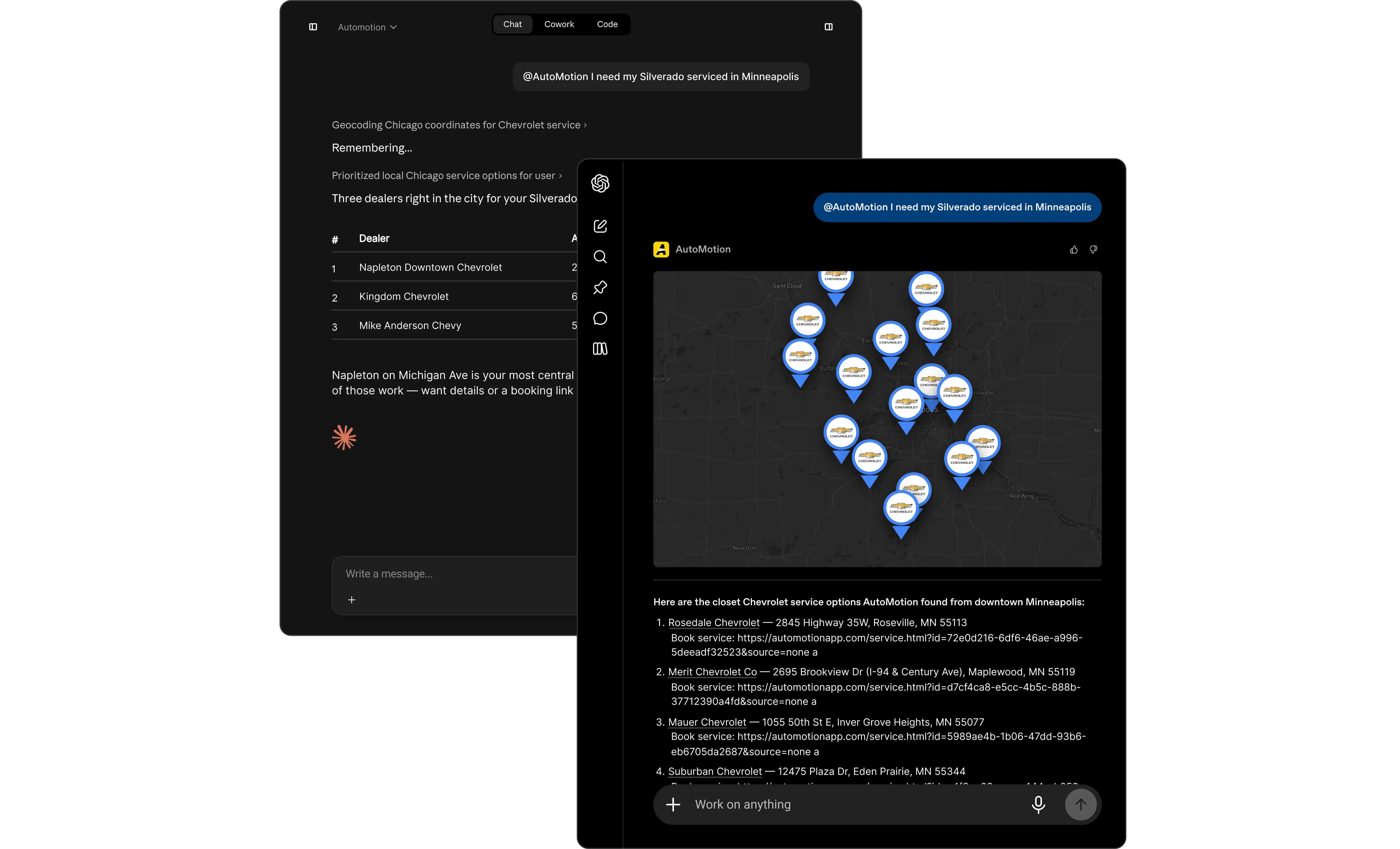 A chat interface finding nearby dealerships on a map, alongside a conversation booking a service appointment