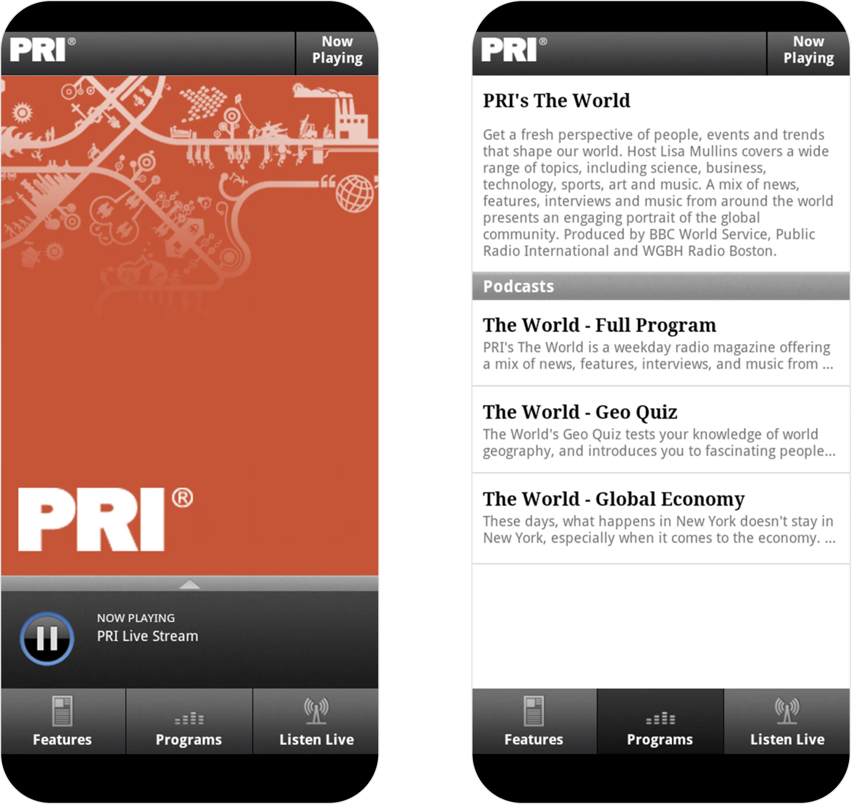Two Android phone screens showing the PRI streaming app