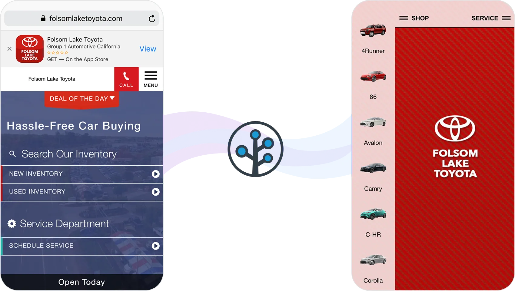 Browser and app screenshots showing Branch.io deep linking between web and native apps