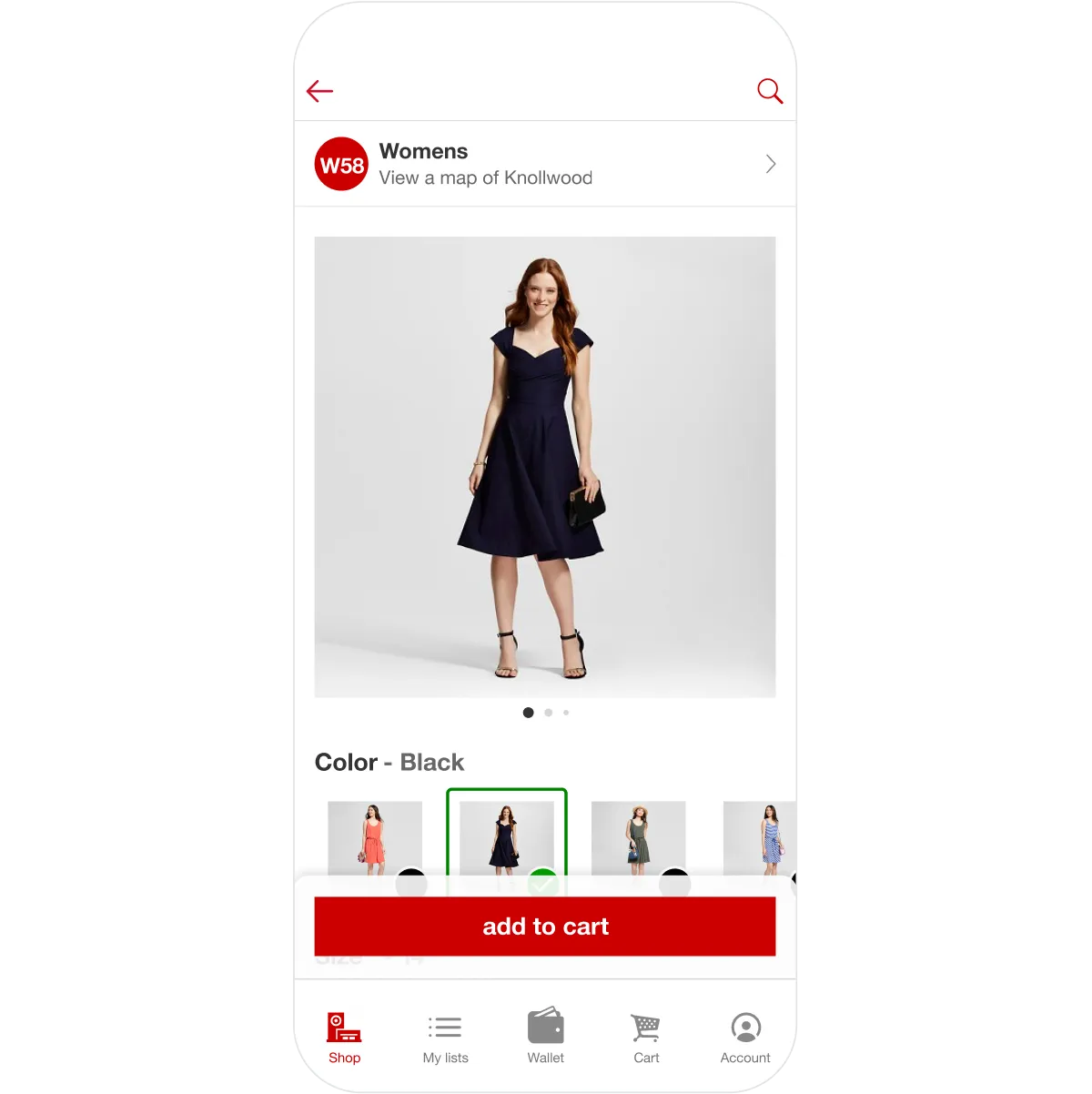 Mobile phone preview of the app's shopping screen featuring a womens' dress, location in the store, and 'add to cart' button.