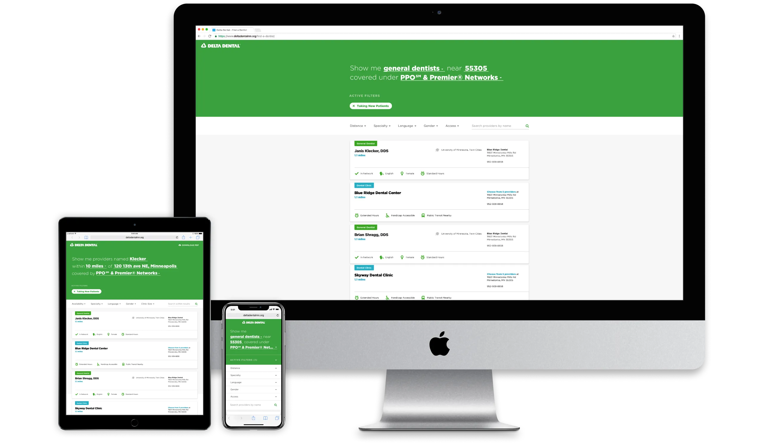 iPhone, iPad, and iMac each displaying the dentist search feature of the Delta Dental website.