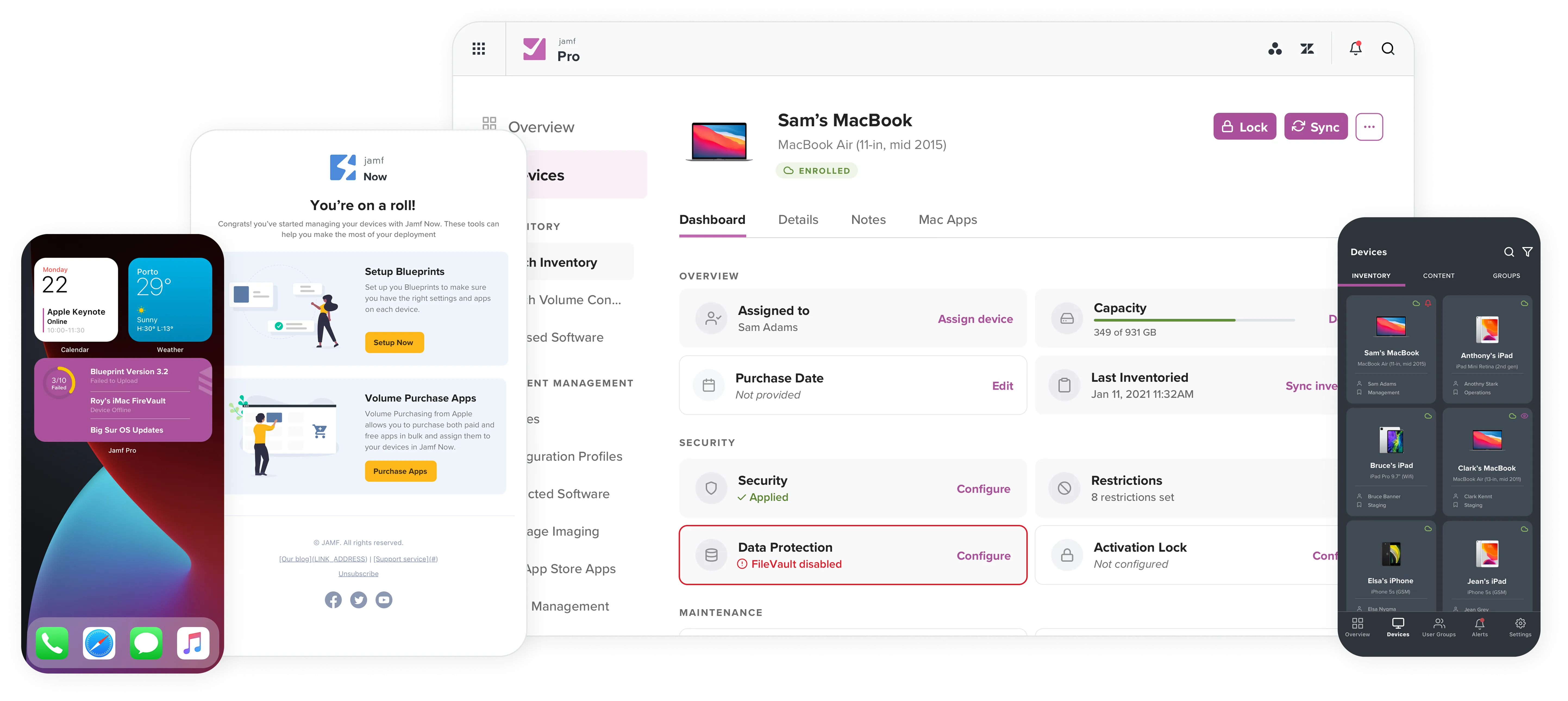 Several views of device management widgets and dashboards.