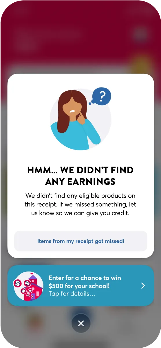 No earnings found screen on the Box Tops mobile app.