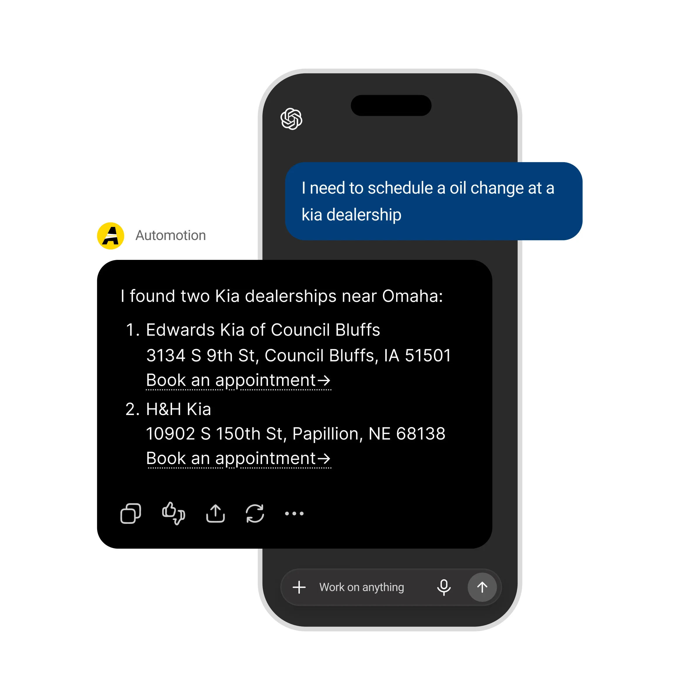 Phone screen showing a conversational chat response with nearby Kia dealerships