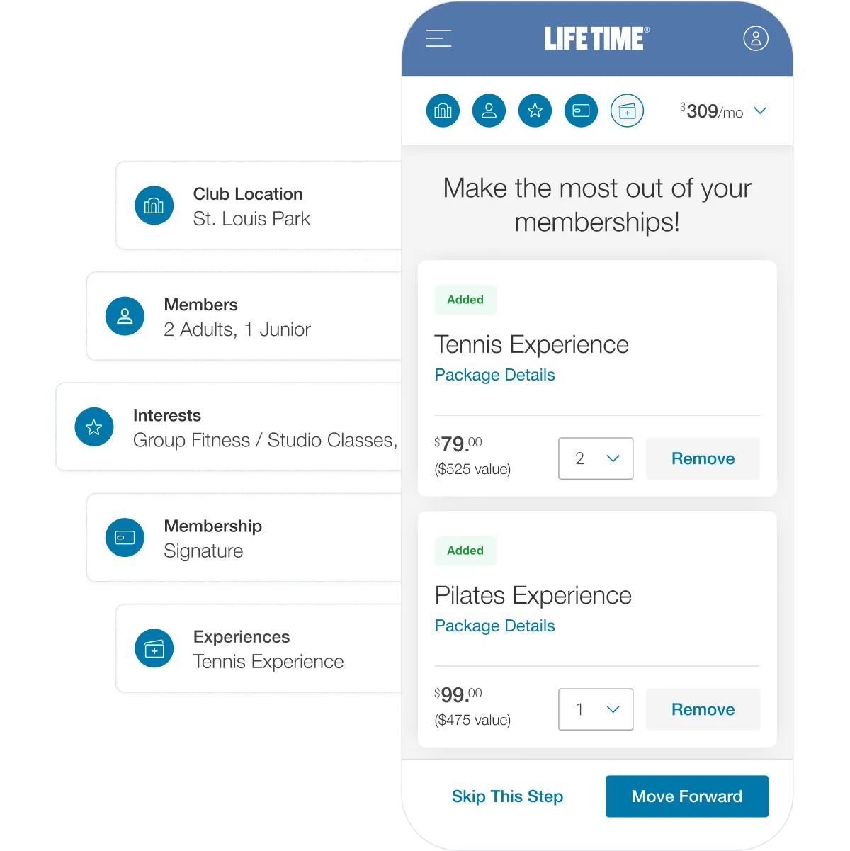 Screenshot of onboarding process within the Life Time website.