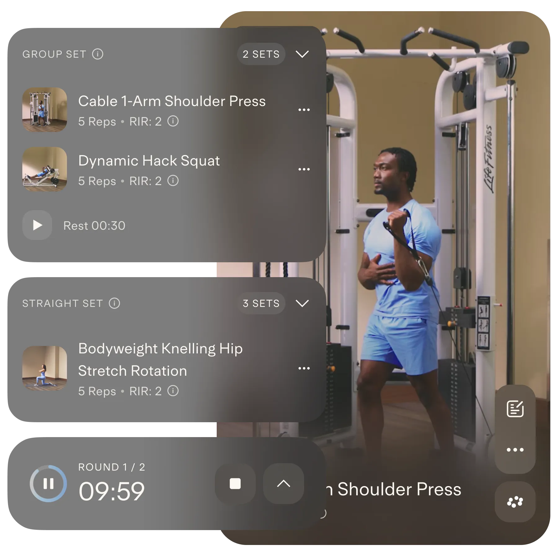 Preview of exercise set and timer features.