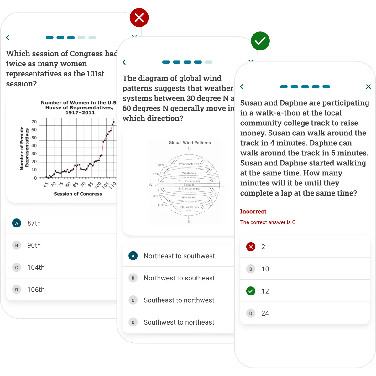 Screenshots of the GED app with a practice test.