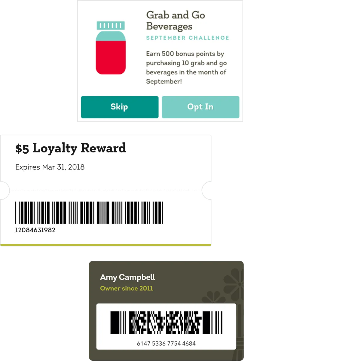 Loyalty reward cards and coupon interfaces.