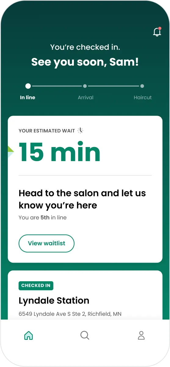 Screen on the Great Clips mobile app after user checks in for a hair cut.