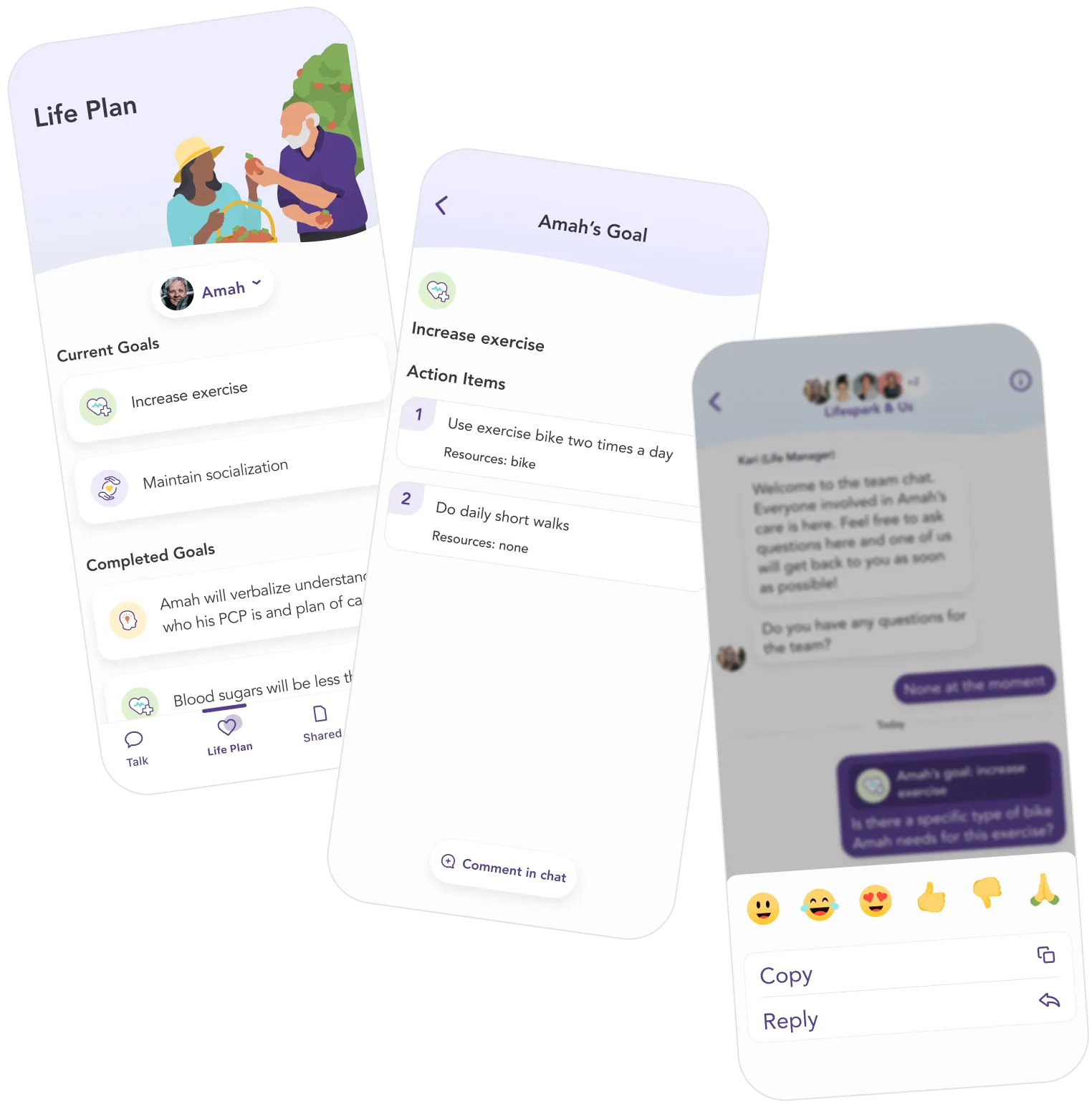 Communication screens on the Lifespark application