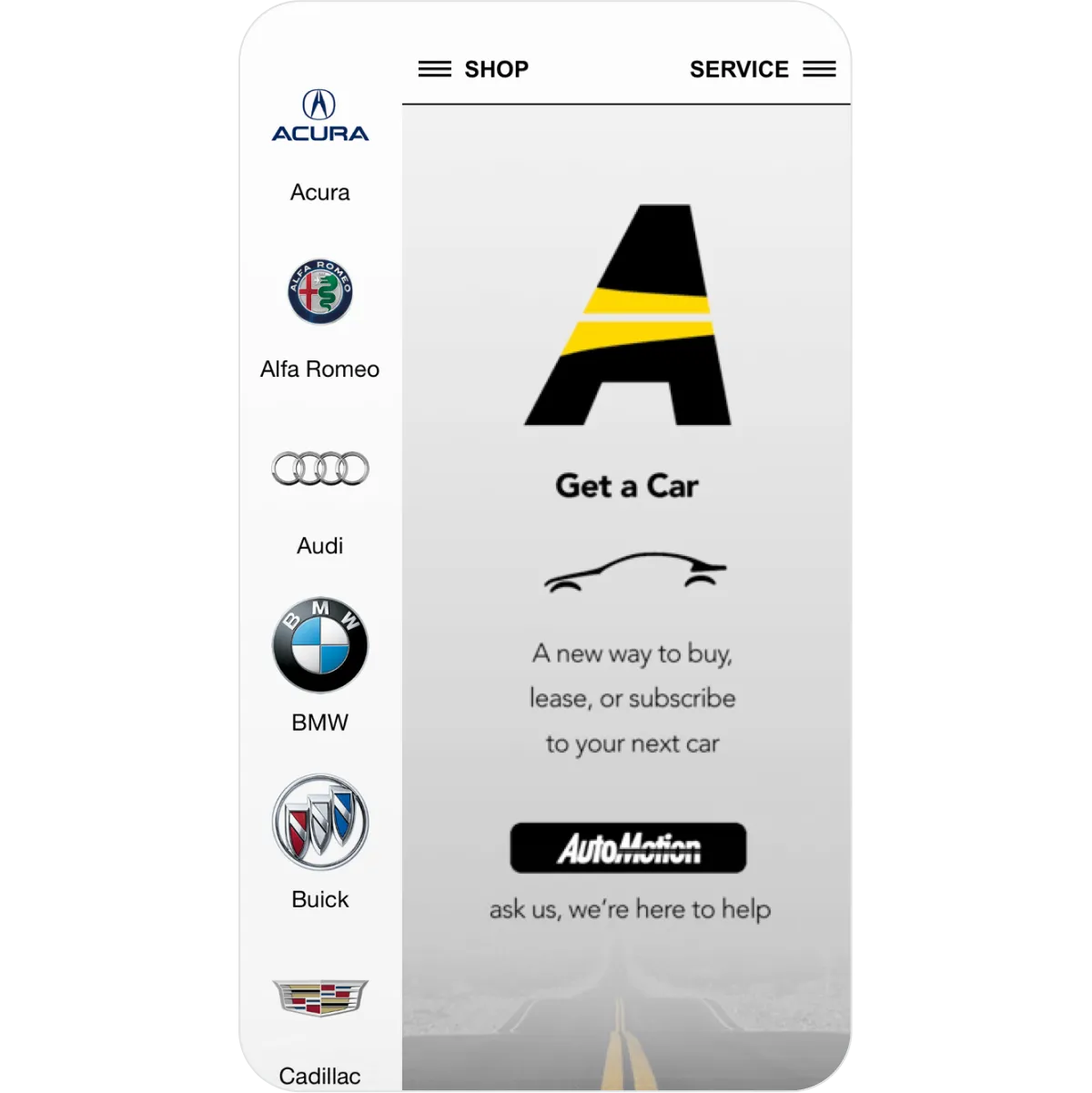 AutoMotion app home screen showing car brand listings