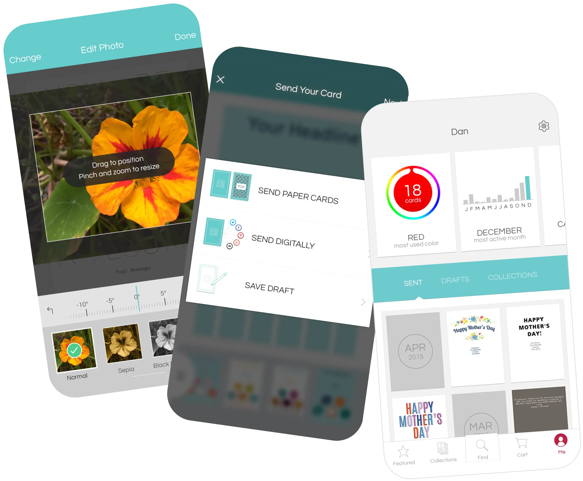 Several in-app views of greeting card creation and sending screens.