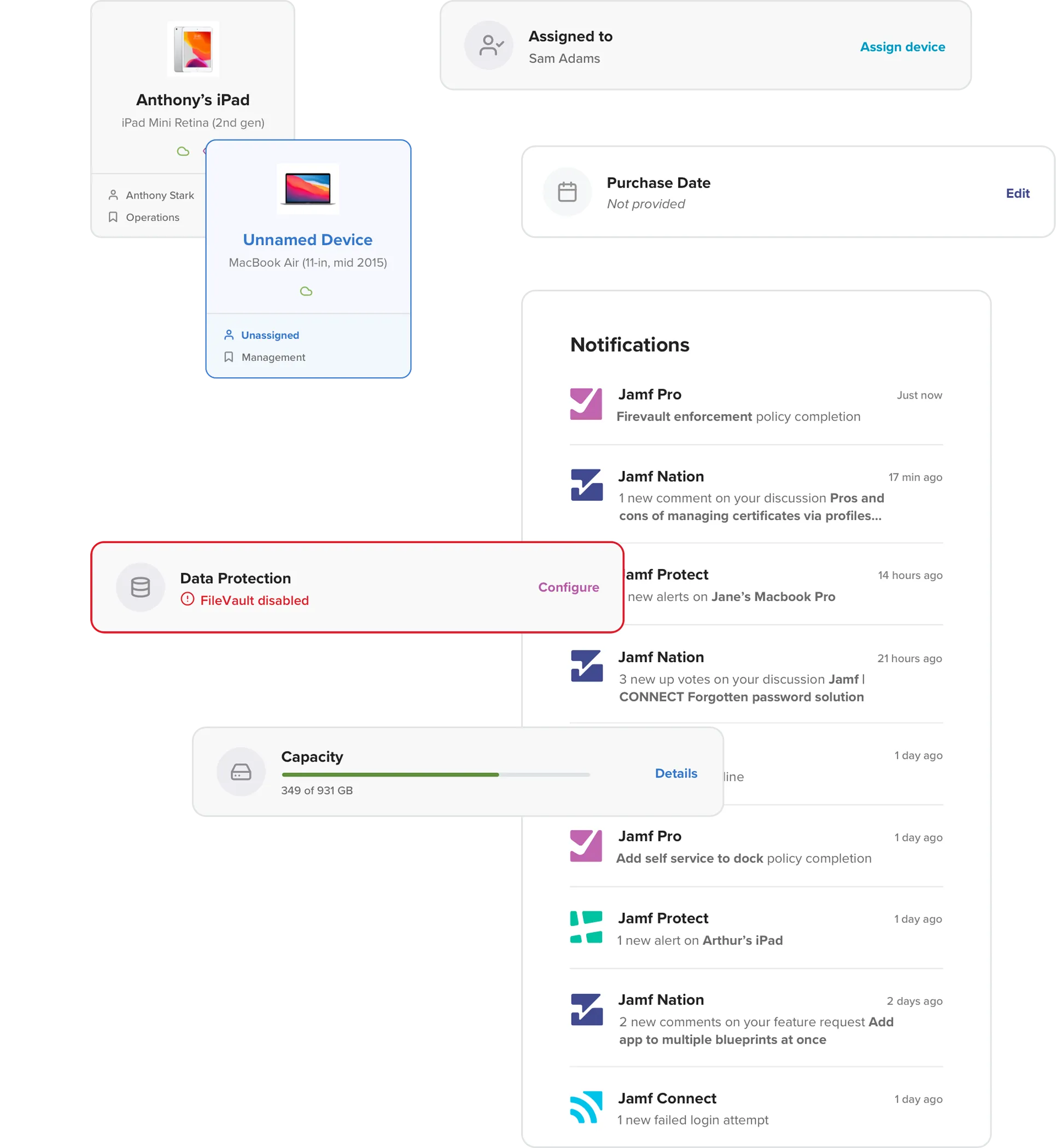 Several views of Jamf device management details and notifications.