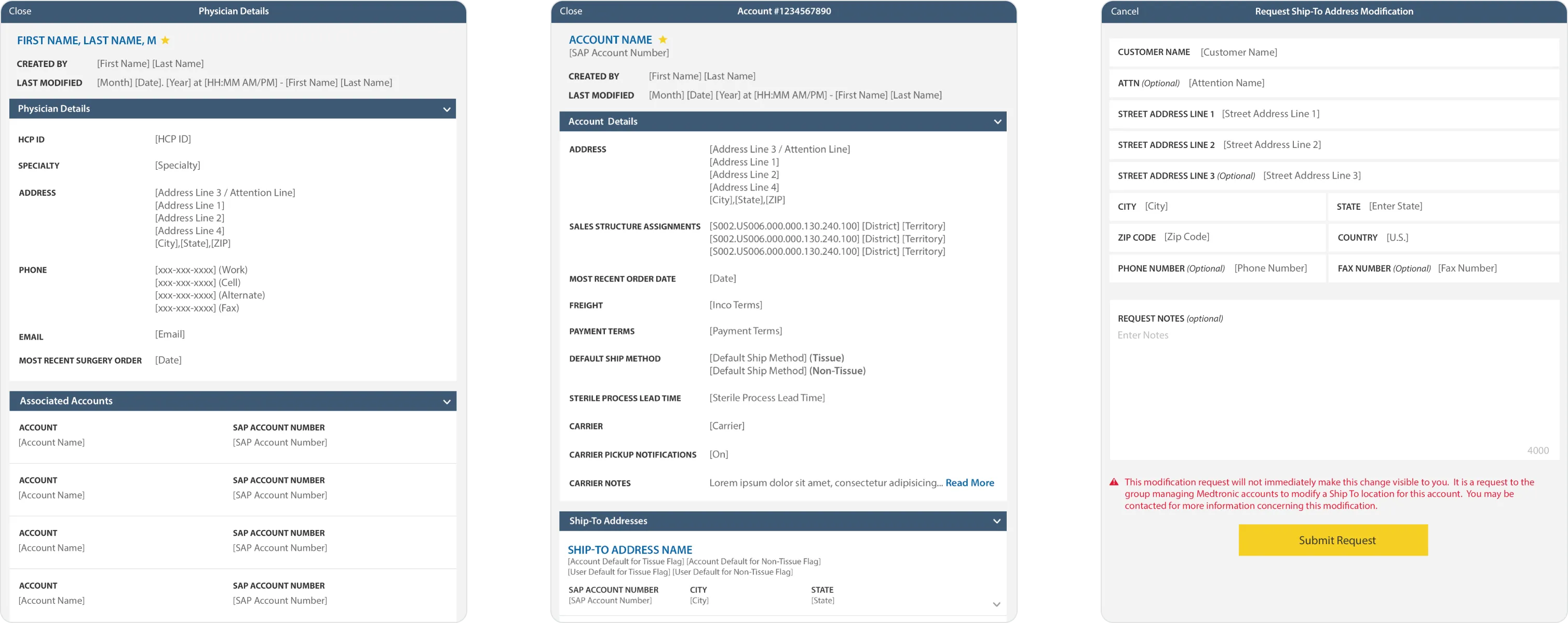 Physician details, account details and shipping modification screens