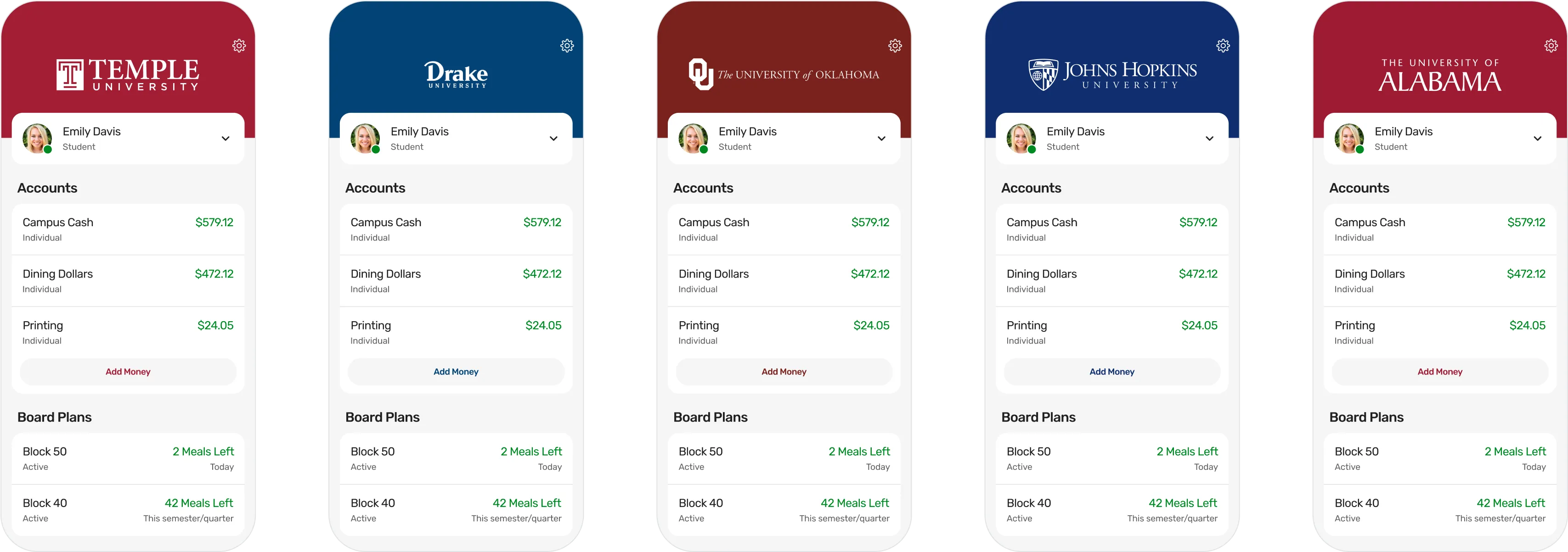 Five previews of various Universities' in-app home screens.