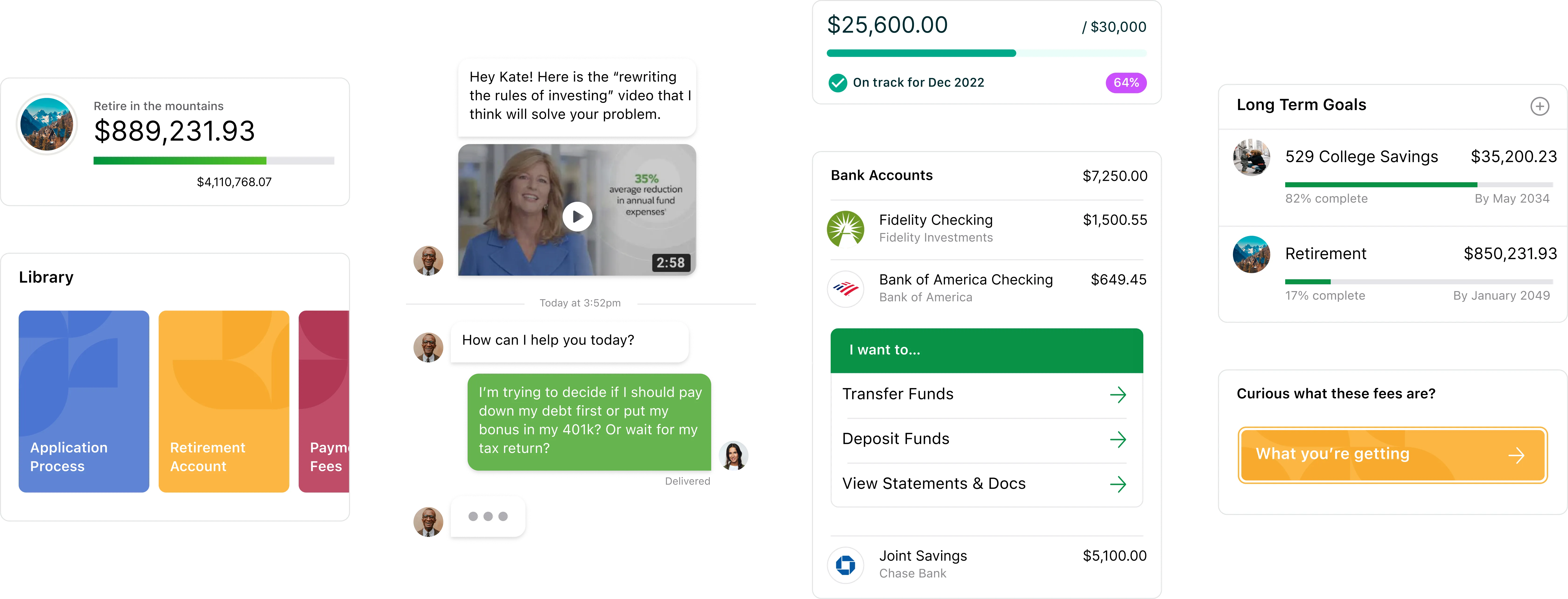 Four mockups of prototype screens exploring a savings goal tracker, an AI advisor chat, account management, and long-term financial goals.
