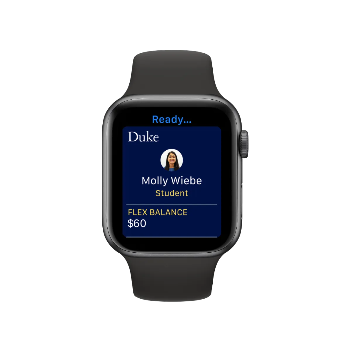 Apple Watch displaying the 'Ready...' screen containing student photo, name, and Flex Balance.