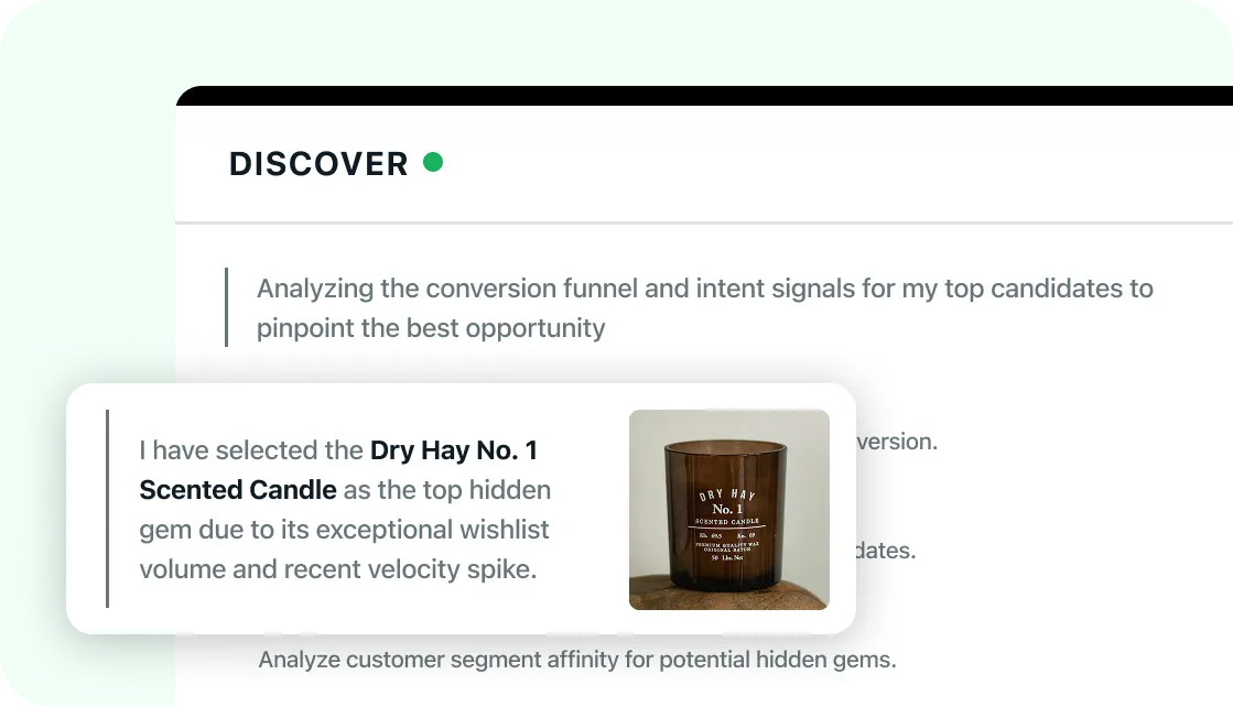 Illustration of a product discovery dashboard analyzing catalog signals