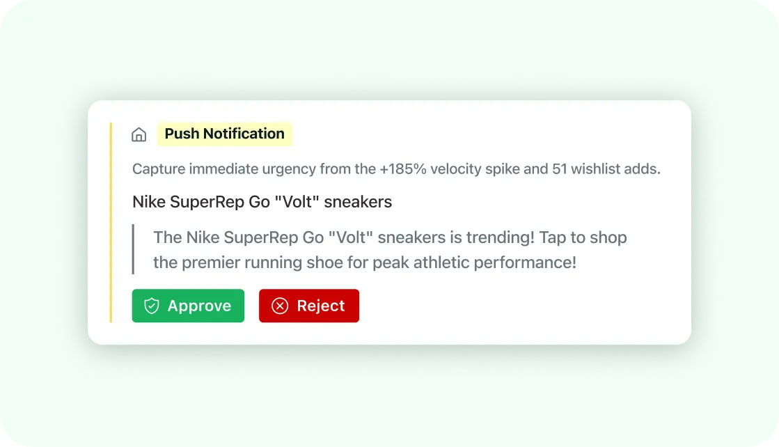 Illustration of a draft push notification with Approve and Reject controls