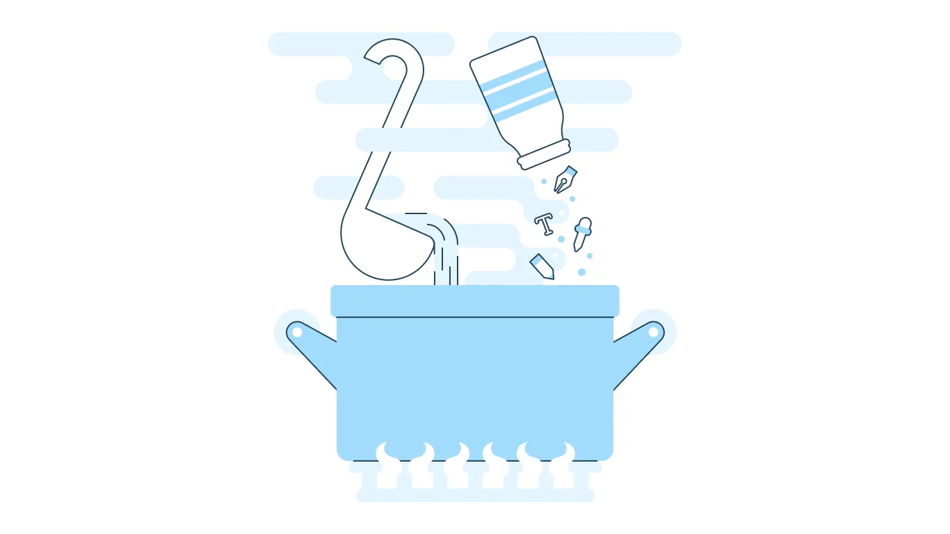 Illustration of boiling pot with added seasoning of UX tools