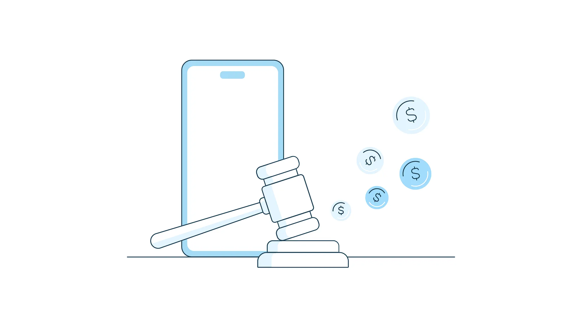 Illustration of a judge’s gavel in front of a smartphone, symbolizing legal action and regulation in the mobile app ecosystem. Dollar coins are shown floating out from the phone, representing app-related financial transactions and fees.