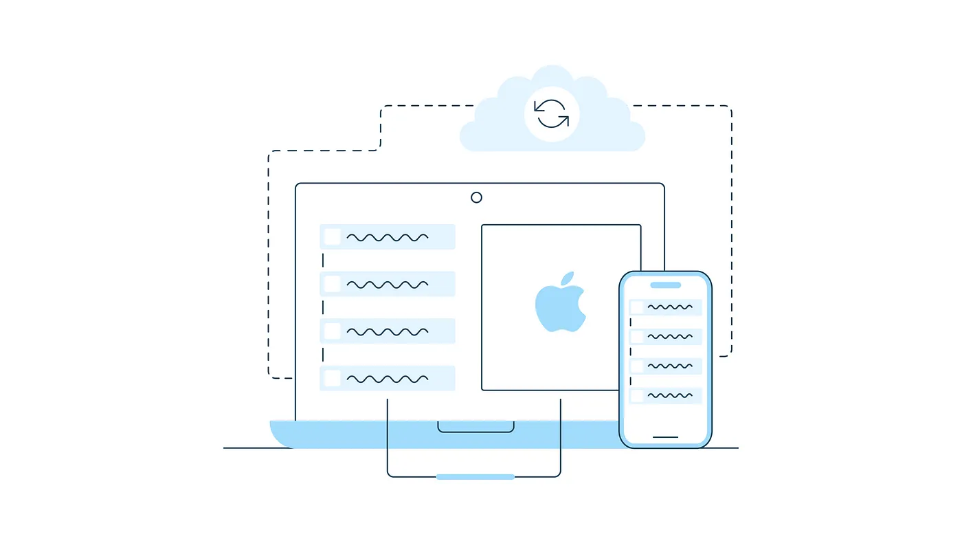 An illustration showing a Macbook an iPhone and a cloud all connected by dashed lines. On screen we can see the boxy layout of the Apple shortcuts app. All elements are in a light blue hue.