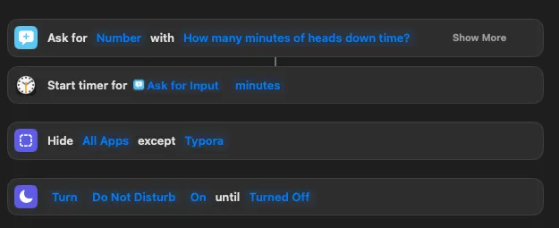 An Apple Shortcut program allowing the user to take heads down time.