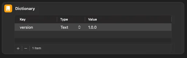 A dictionary action of an Apple Shortcuts flow, showing a version number entry.