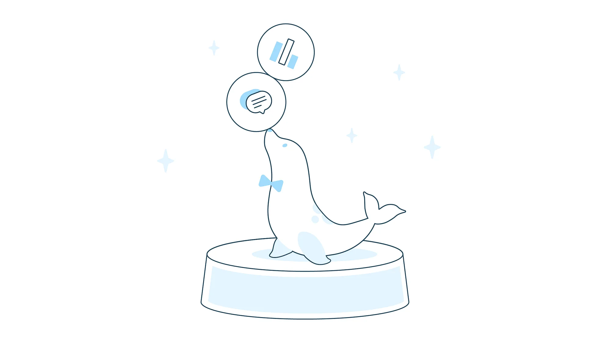 Illustration of a seal wearing a bowtie, balancing two icons on its nose — one representing a bar chart and the other a speech bubble — while standing on a pedestal.