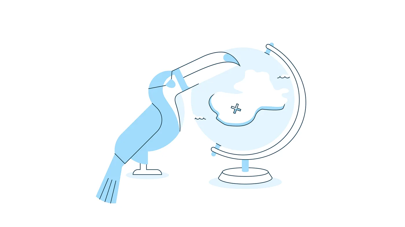 A toucan looking at a globe.