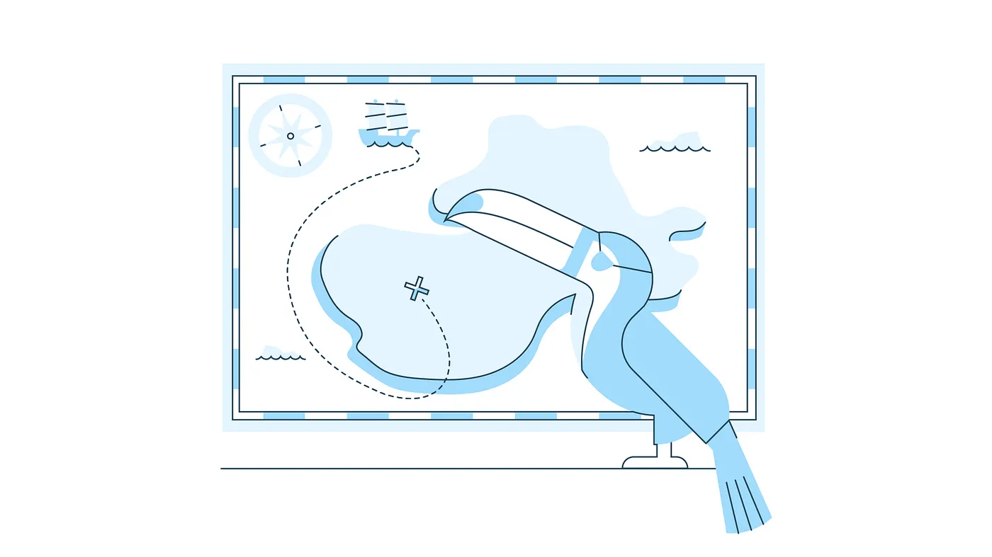 A toucan is reading a treasure map.