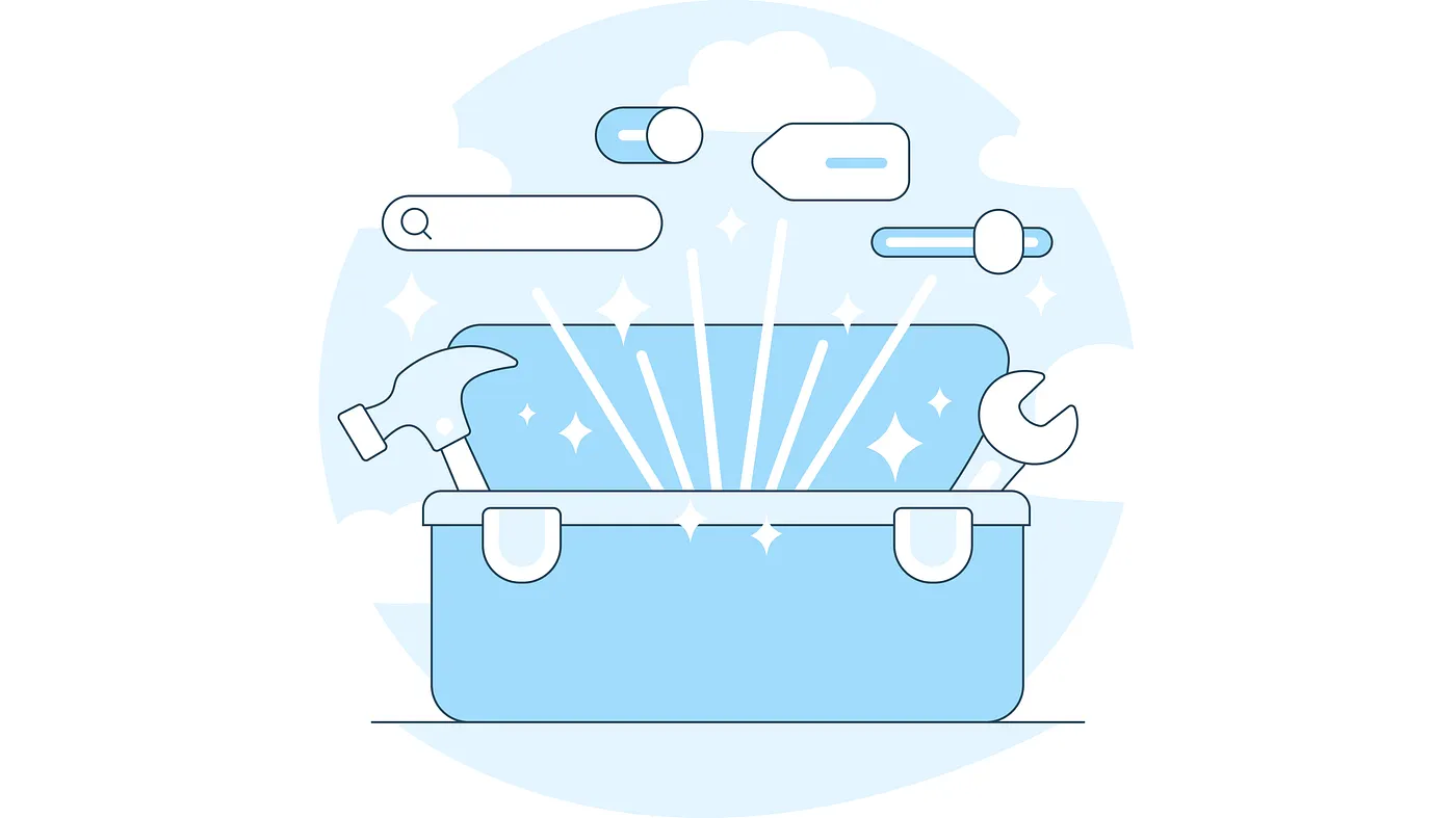 A light blue toolbox filled with tools and mobile components. Symbolizing the craft of building custom components and the tools at our disposal to make them accessible.
