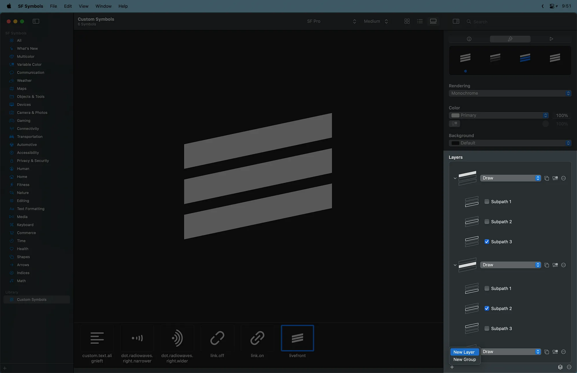 The layer editor is open and multiple configured layers are visible.